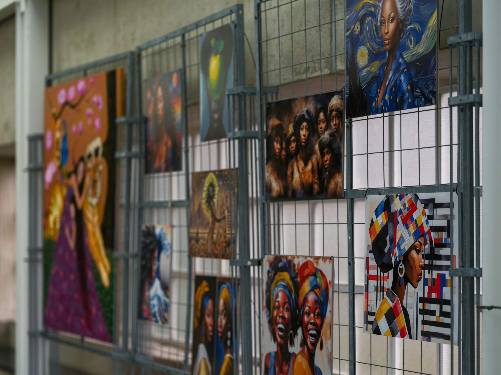 A bunch of pictures are hanging on a wall